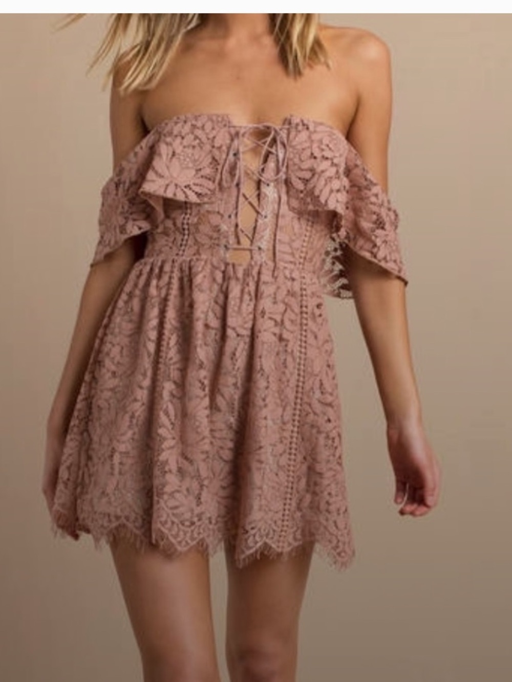 Tobi Off-Shoulder Lace Mini Dress in Dusty Rose